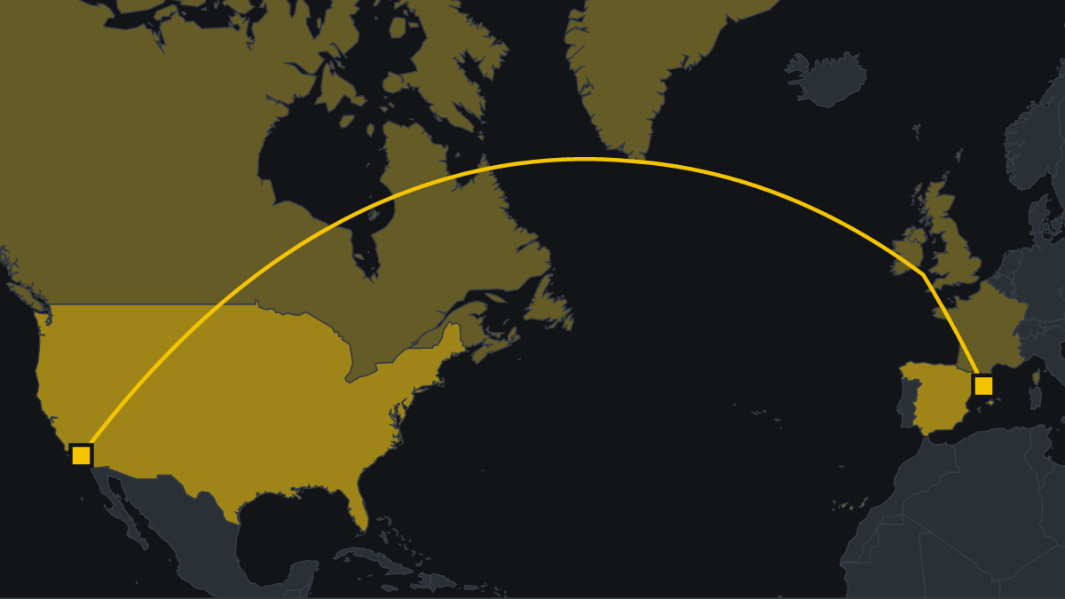 Map of the Barcelona–Los Angeles route with the countries flown over
