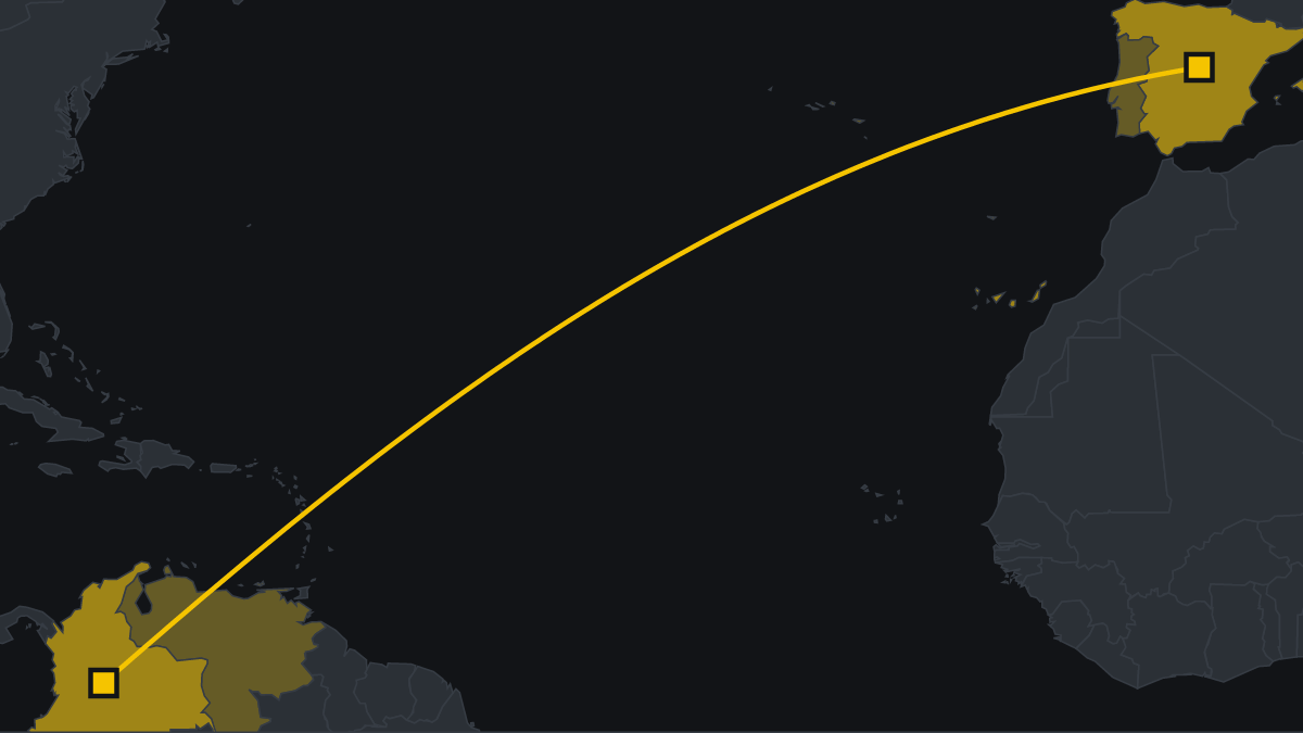 Map of the Madrid–Bogotá route with the countries flown over