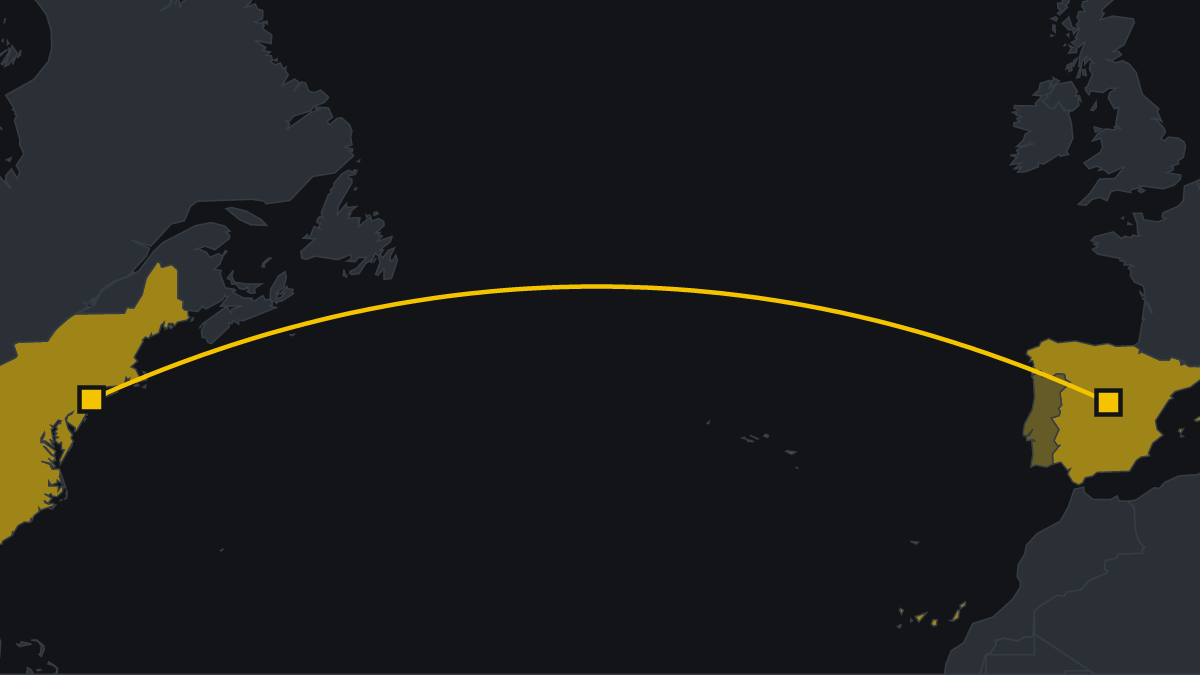 Mapa de la ruta Madrid–Nueva York con los países sobrevolados